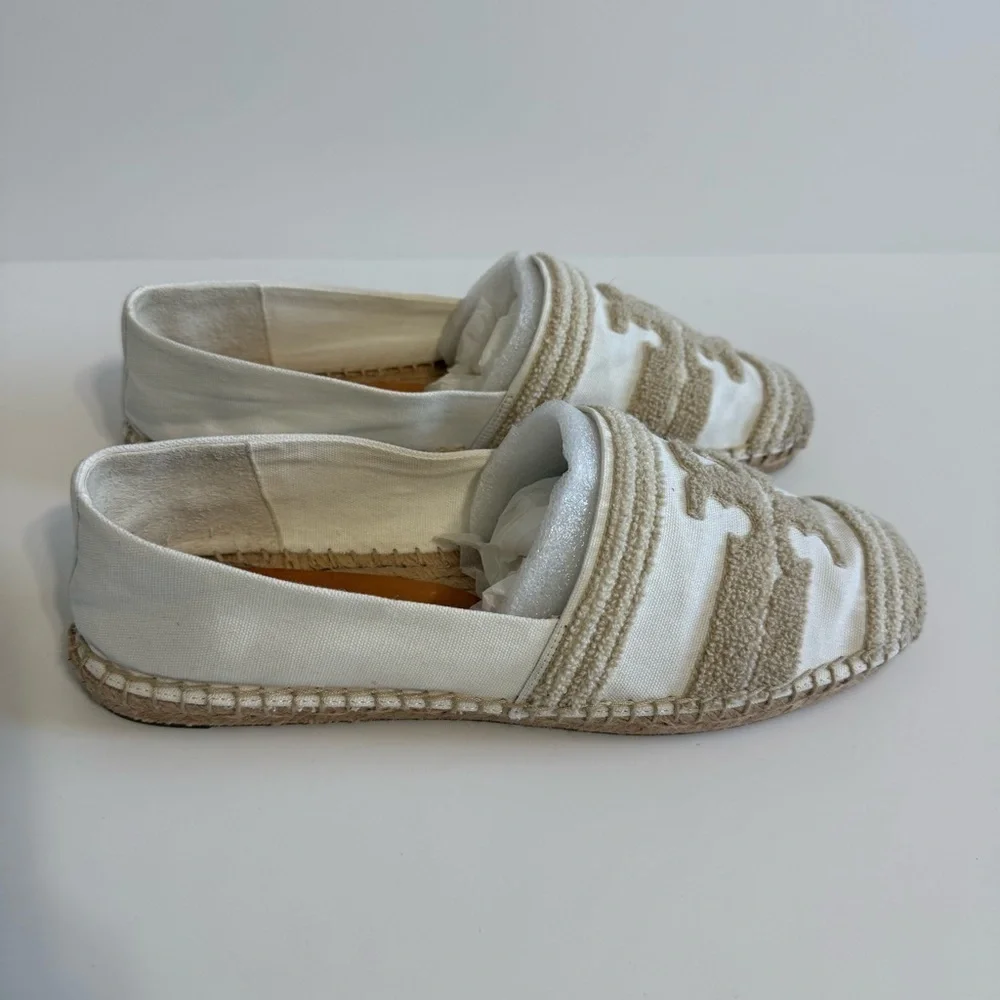 Tory Burch Ines Double T Canvas Espadrilles White Coastal Tan Flat Sz 10 Summer